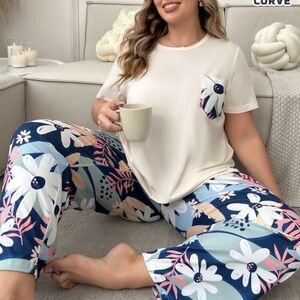 SHEIN Cream Top with Blue Floral Pajama Pants